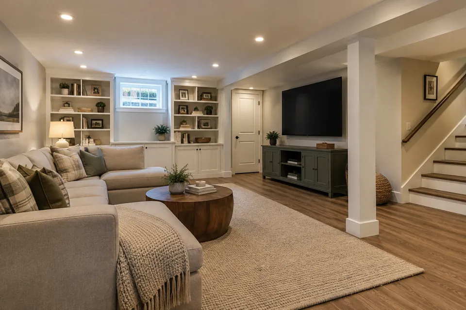 Finished basement remodeling design for a Shrewsbury, Massachusetts home