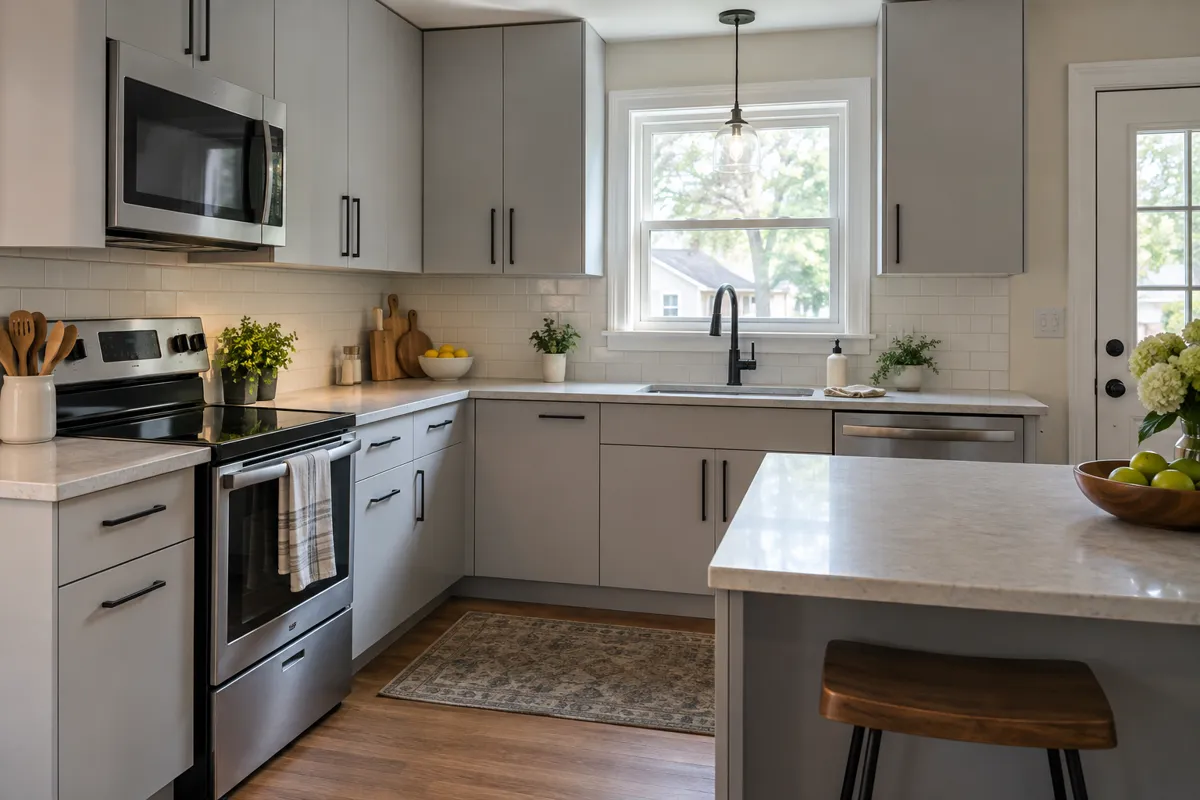 Gray laminate cabinet refacing design for a Shrewsbury kitchen