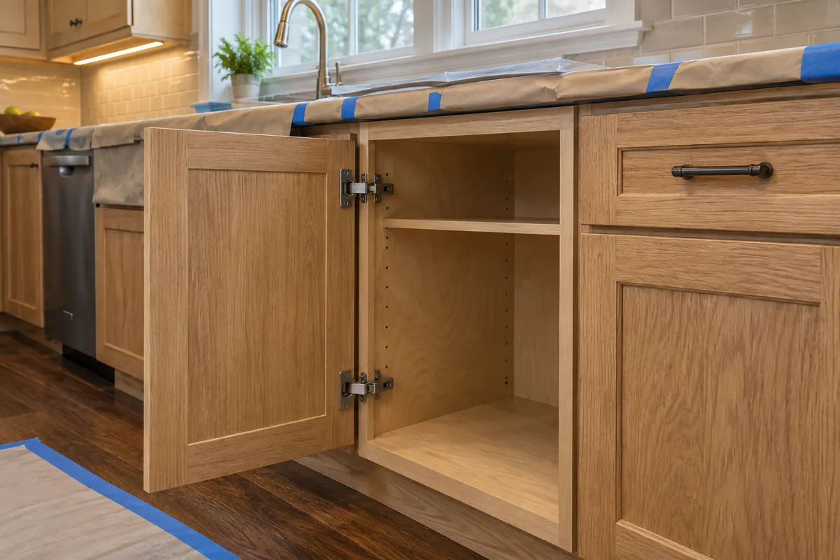 Cabinet box and soft-close hinge detail for kitchen refacing in Shrewsbury