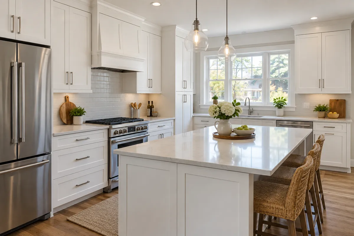 White thermofoil cabinet door finish for Shrewsbury kitchen refacing