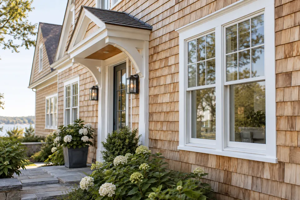Cedar shake siding exterior for a home in Shrewsbury, Massachusetts