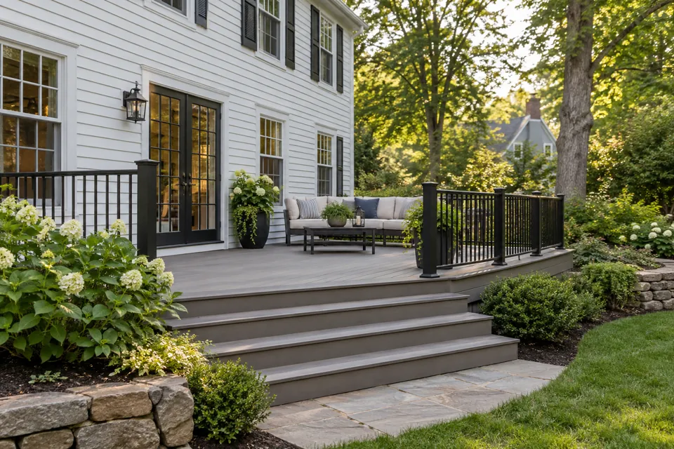 Composite deck for a home in Shrewsbury, Massachusetts