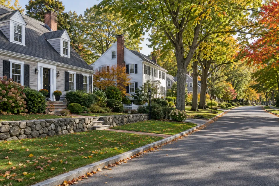 Residential neighborhood and New England homes in Shrewsbury, Massachusetts