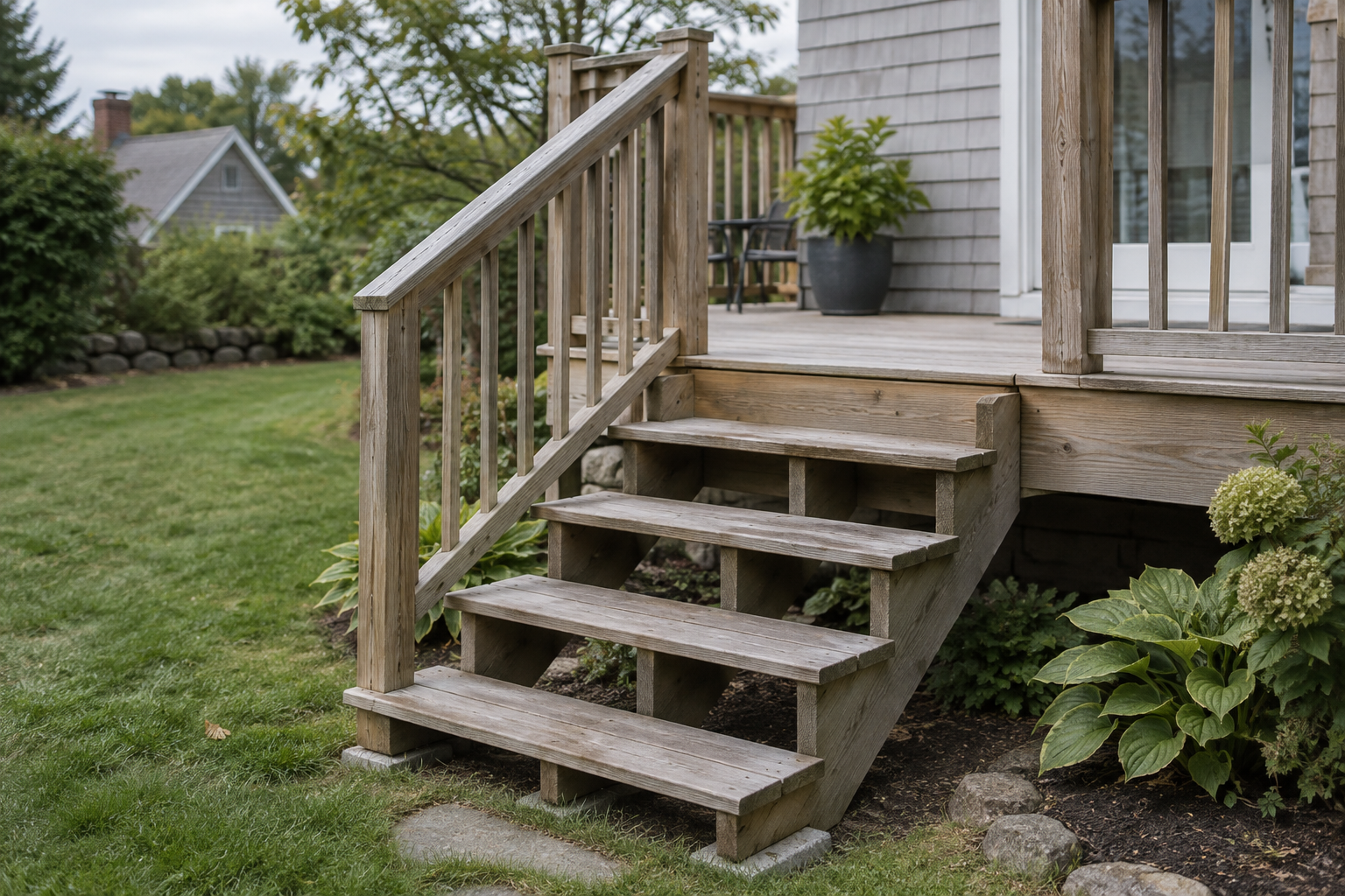 Deck stairs with stringers, treads and a handrail running down to a lawn