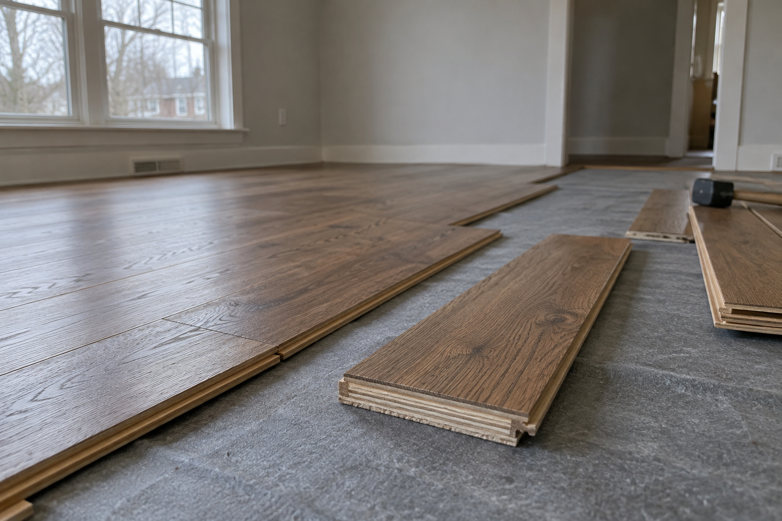 Engineered hardwood planks being laid over an underlayment, the layered plank edge visible