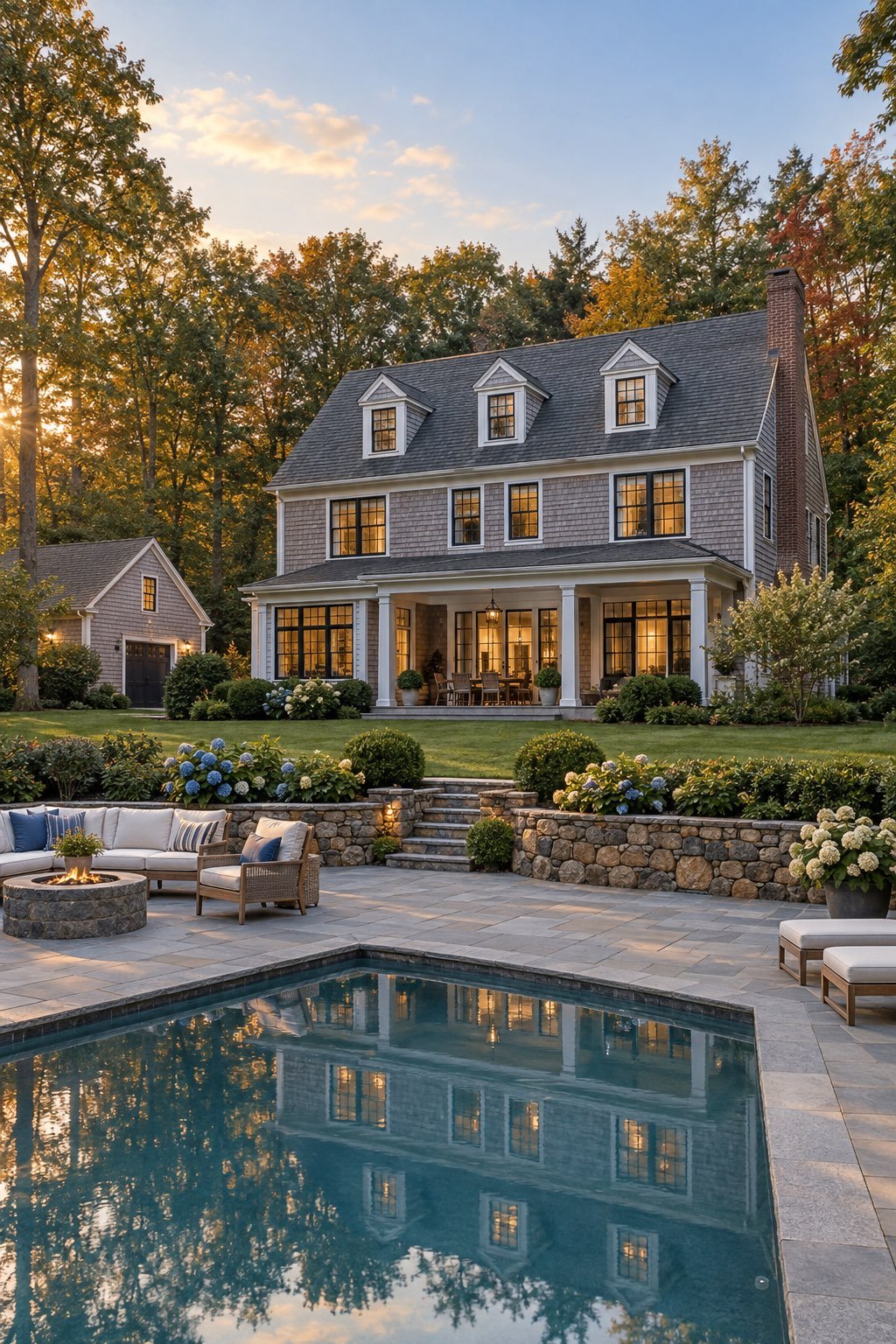 Back garden of a large shingled New England home at sunset, with a bluestone patio, an in-ground pool, a fieldstone retaining wall and hydrangeas