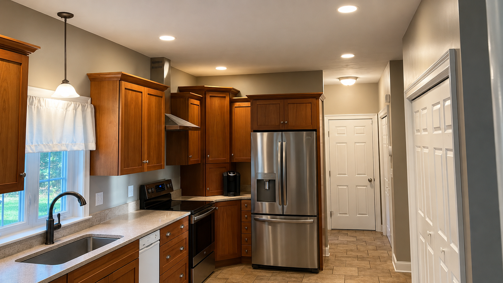 Remodelled kitchen with cherry shaker cabinets, quartz counters and stainless appliances