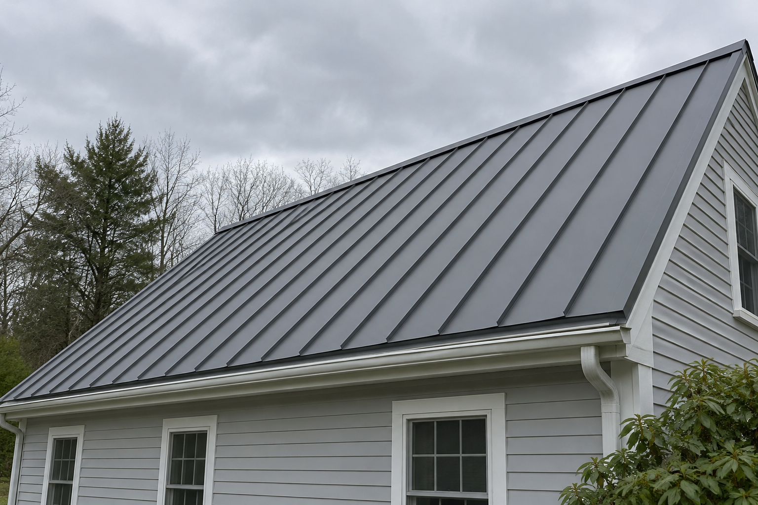 Standing seam metal roof panels running up a residential gable, the raised seams and ridge cap clearly visible