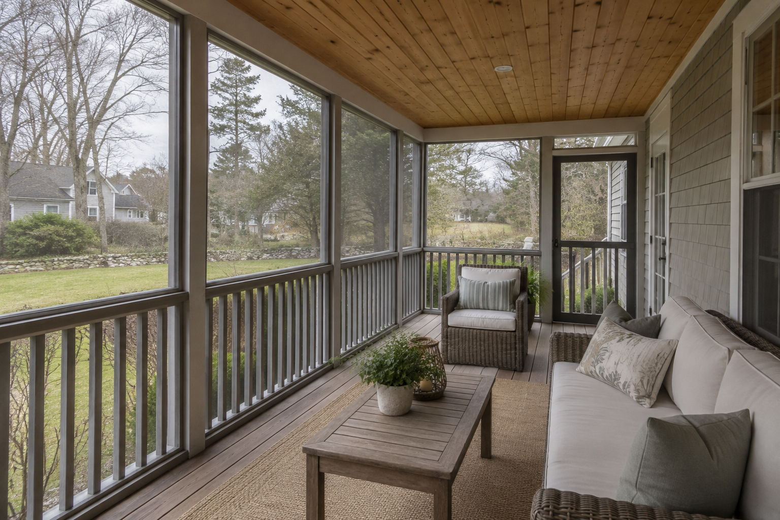 Screened porch with framed screen panels, a wooden ceiling and a railing